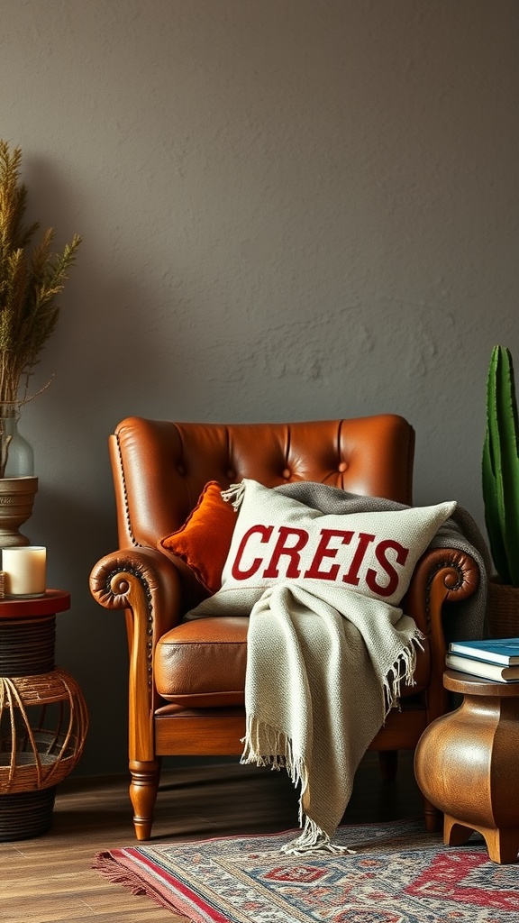 Cozy rustic living area with a brown leather armchair, decorative pillow, knitted blanket, and potted plant.