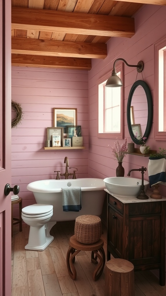 A rustic mauve bathroom featuring wooden beams, a freestanding bathtub, and dark wood vanity.