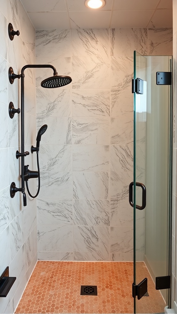 Rustic walk-in shower featuring black metal fixtures, light stone walls, and a patterned tile floor.