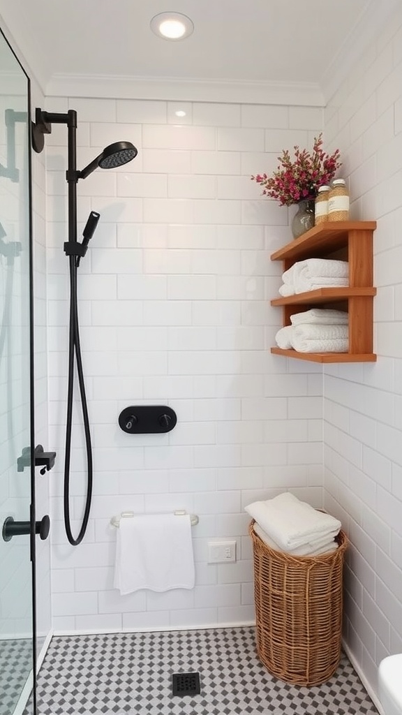 A rustic walk-in shower with open wooden shelving, neatly arranged towels, and decorative flowers.