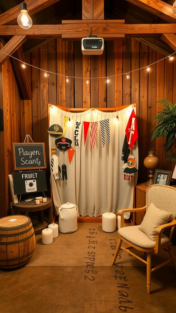 A rustic photo booth with props for a wedding, featuring a wooden backdrop, colorful decorations, and seating for guests.