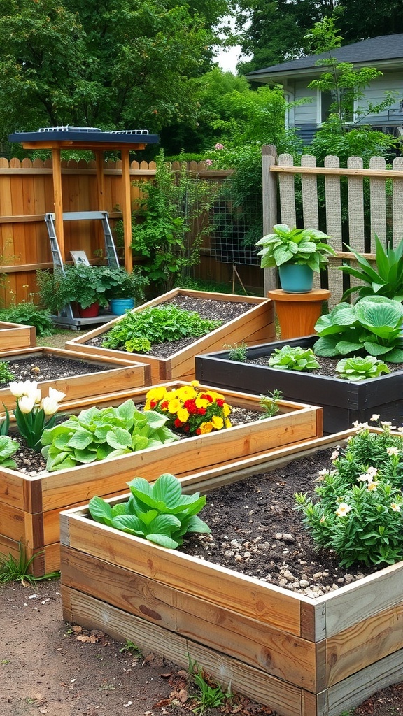 Image of rustic raised beds filled with colorful flowers and lush greenery in a garden setting.