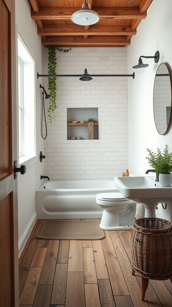 A bright bathroom featuring rustic reclaimed wood flooring, modern fixtures, and greenery.