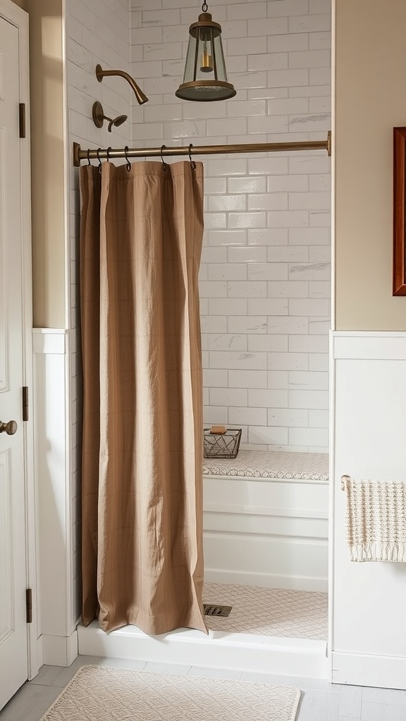 A rustic walk-in shower with a beige shower curtain, white subway tiles, and warm decor elements.