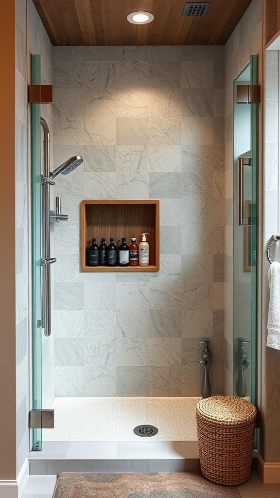 A rustic shower niche with a wooden shelf, featuring bath products, surrounded by gray tiles and glass panels.