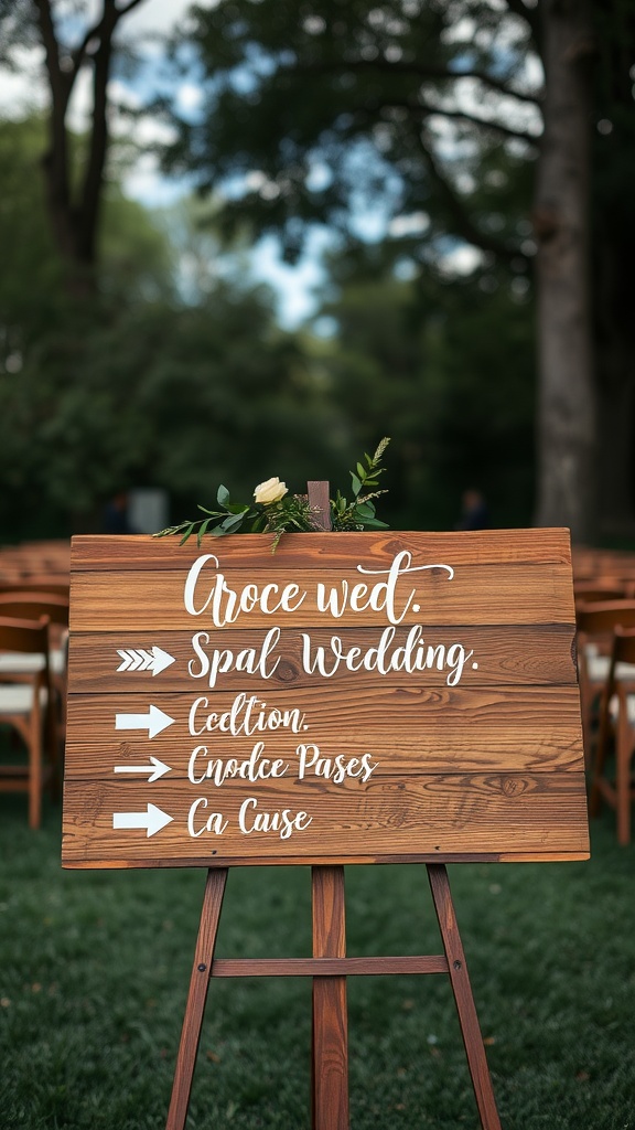 A rustic wooden wedding sign with elegant calligraphy, directing guests to various areas of the celebration.