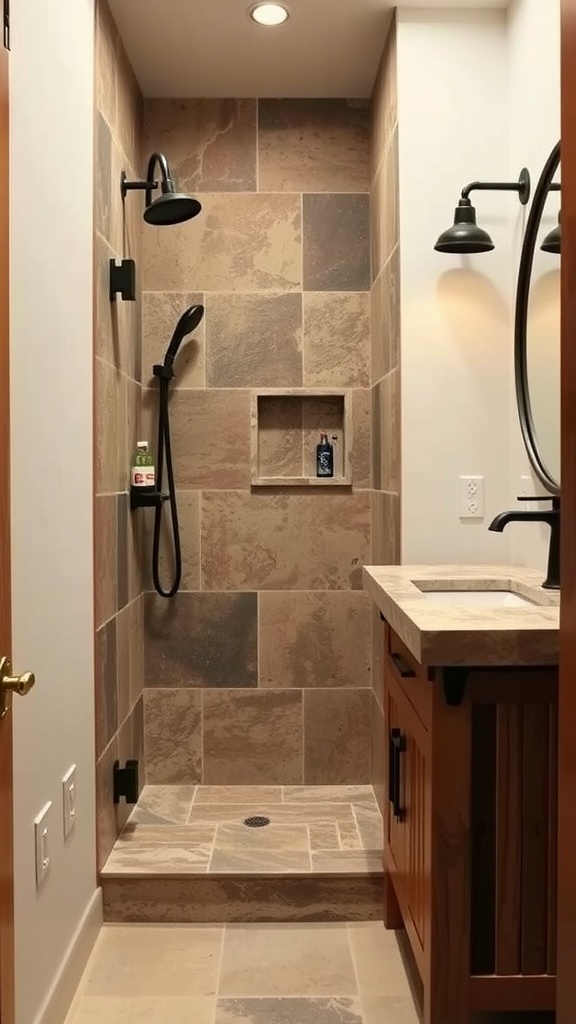 A rustic walk-in shower featuring a soapstone countertop, stone tiles, and black fixtures.