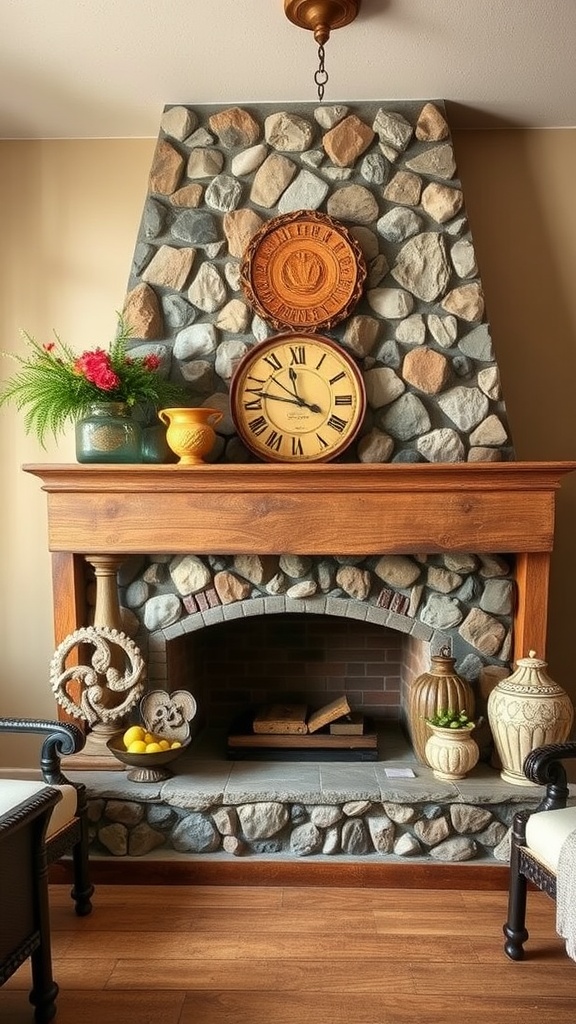 A rustic stone fireplace with a wooden mantel, decorated with plants and pottery.