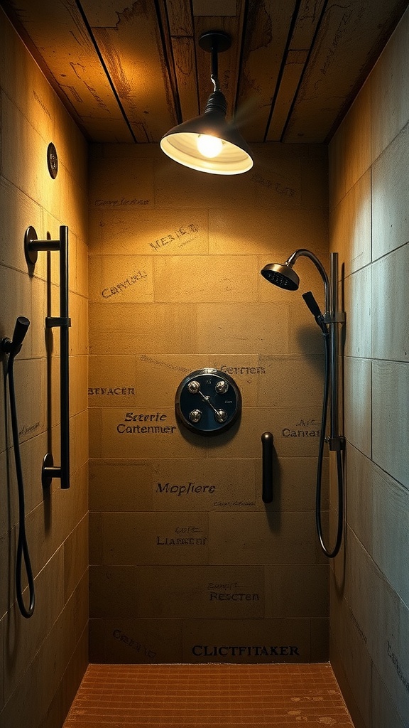 A rustic walk-in shower featuring warm lighting and stone walls.