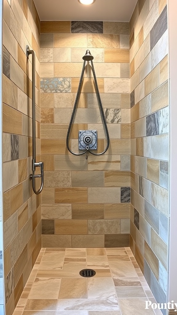 A rustic walk-in shower featuring earthy toned tiles in various sizes and shapes.