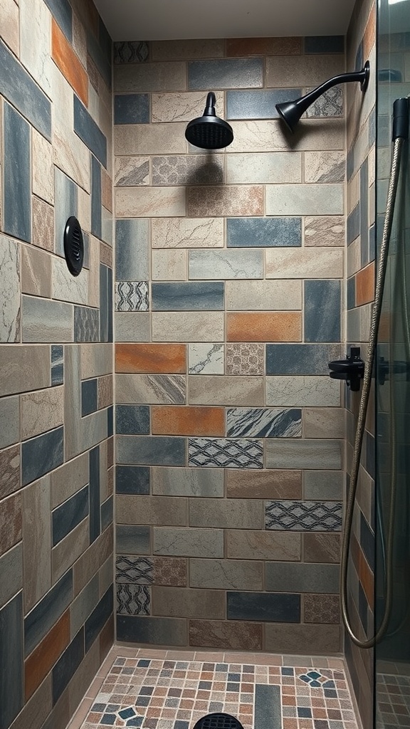 Rustic tile patterns in a walk-in shower featuring earthy tones and varied designs.