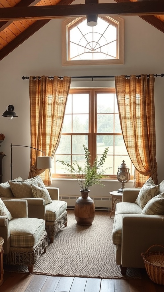 A rustic living room with large windows framed by warm-toned drapes, featuring cozy seating and natural decor.