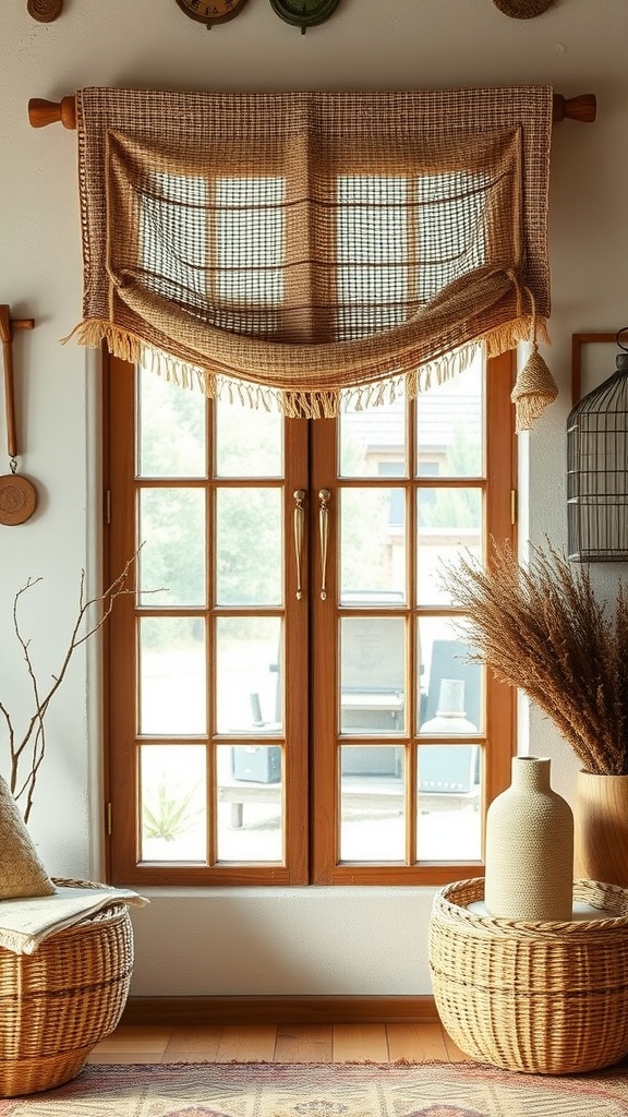 A rustic window with a woven curtain, wooden frame, and decorative baskets beside it.