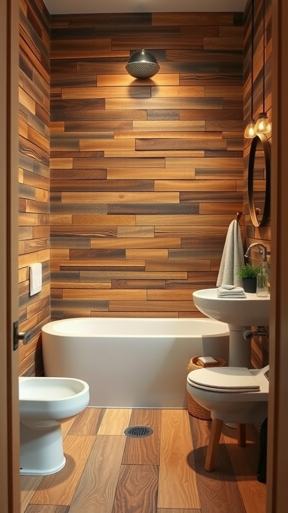 A bathroom featuring rustic wood-look tiles on the walls and floor, with a modern bathtub and sink.