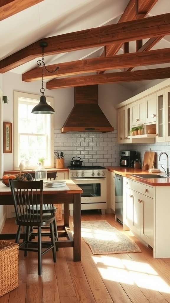 A cozy kitchen with rustic wood accents, featuring exposed beams, wooden furniture, and natural light.