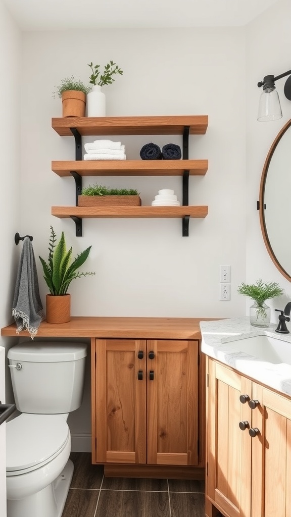 Modern farmhouse bathroom with rustic wood accents including shelves and cabinets.