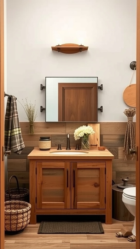 A rustic brown bathroom featuring a wooden vanity, decorative shelves, and warm lighting.