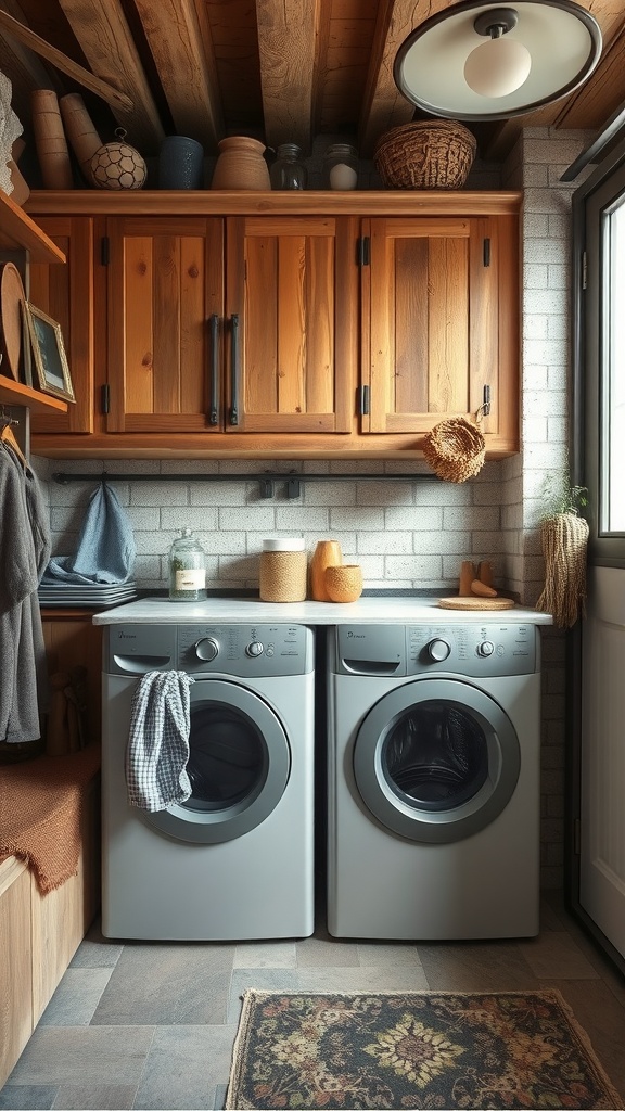 A cozy laundry room featuring rustic wood cabinets, modern washing machines, and decorative items.