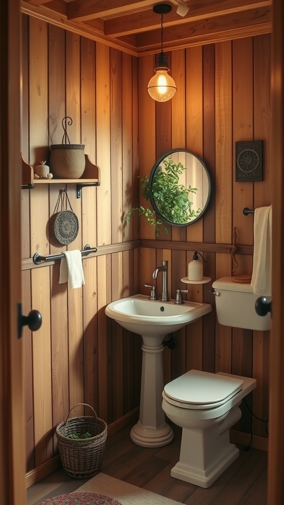 Cozy bathroom featuring rustic wood paneling with a pedestal sink, modern toilet, round mirror, and warm lighting