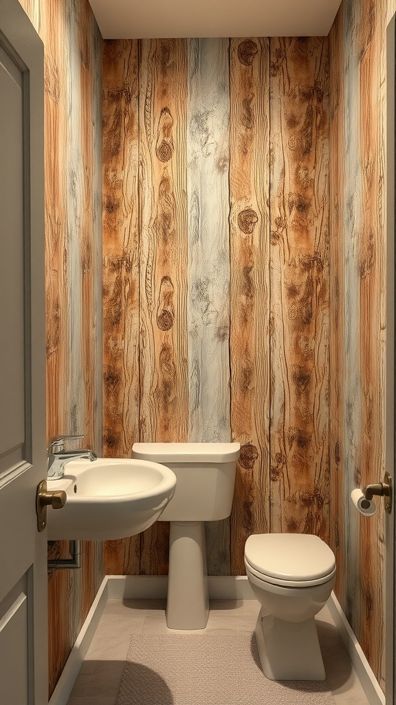 Small bathroom with rustic wood paneling wallpaper, featuring white sink and toilet.