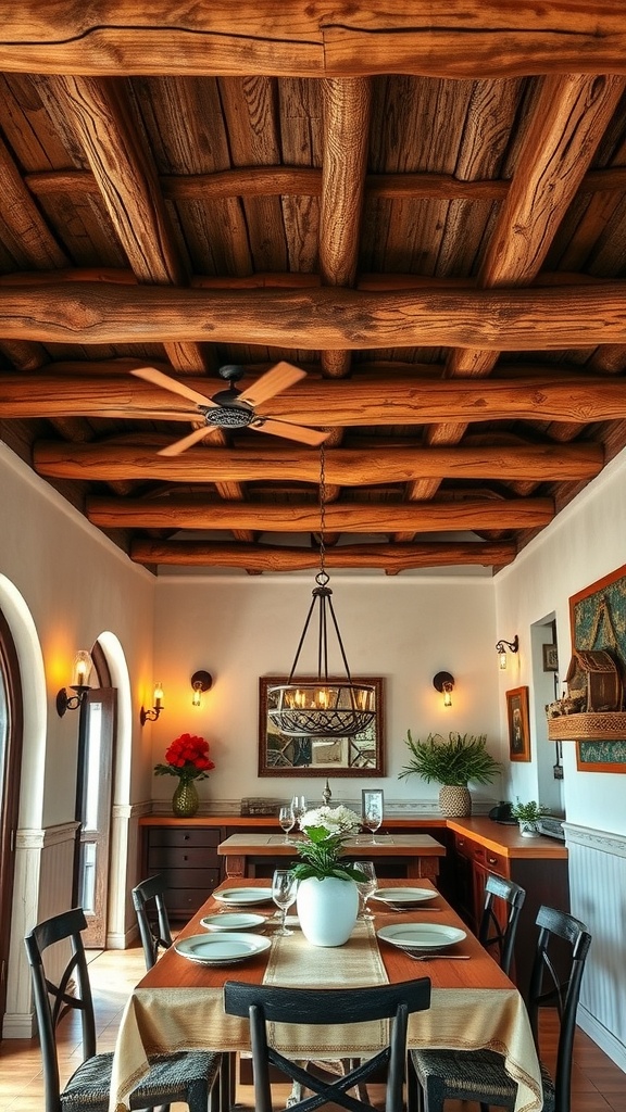 Dining area featuring rustic wooden beams on the ceiling, a wooden table set for a meal, and a warm, inviting atmosphere.