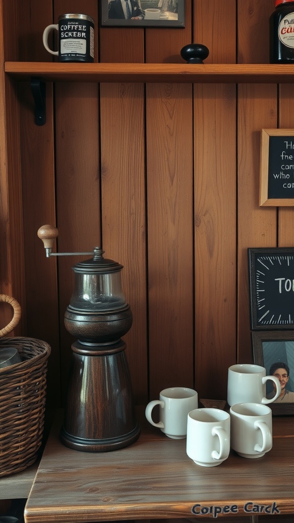 Rustic wooden coffee station with a vintage grinder, white mugs, and a woven basket