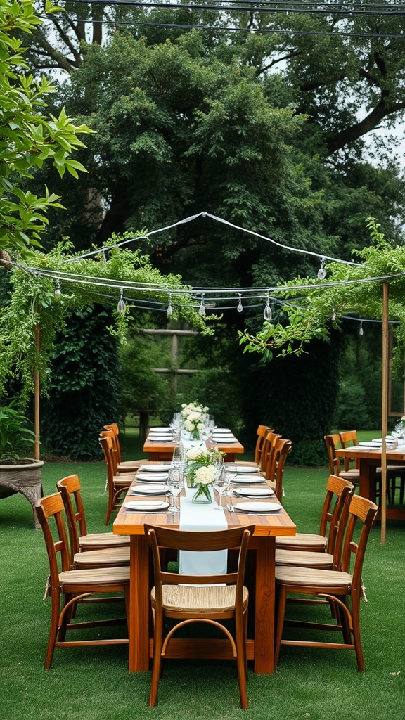 A garden wedding setup with rustic wooden tables and chairs under greenery.