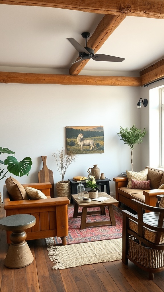 A cozy living room featuring rustic wooden furniture, with a warm color palette and natural accents.