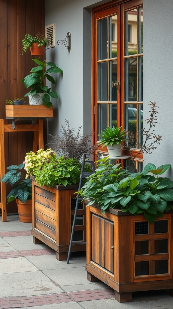 A cozy balcony featuring rustic wooden planters filled with various plants, creating a warm and inviting atmosphere.