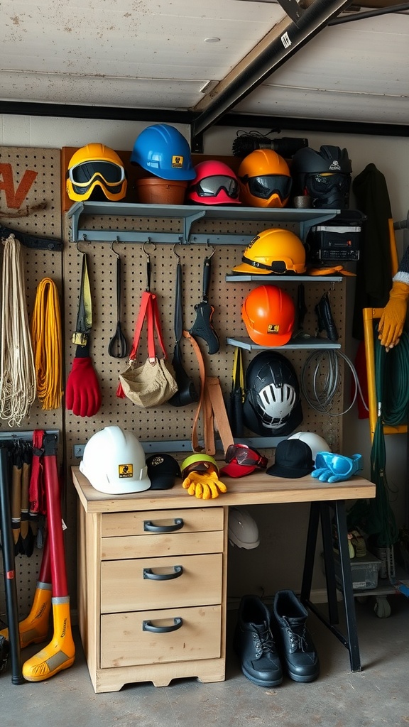 A well-organized safety gear station featuring helmets, gloves, and protective equipment on a pegboard with a wooden table below.