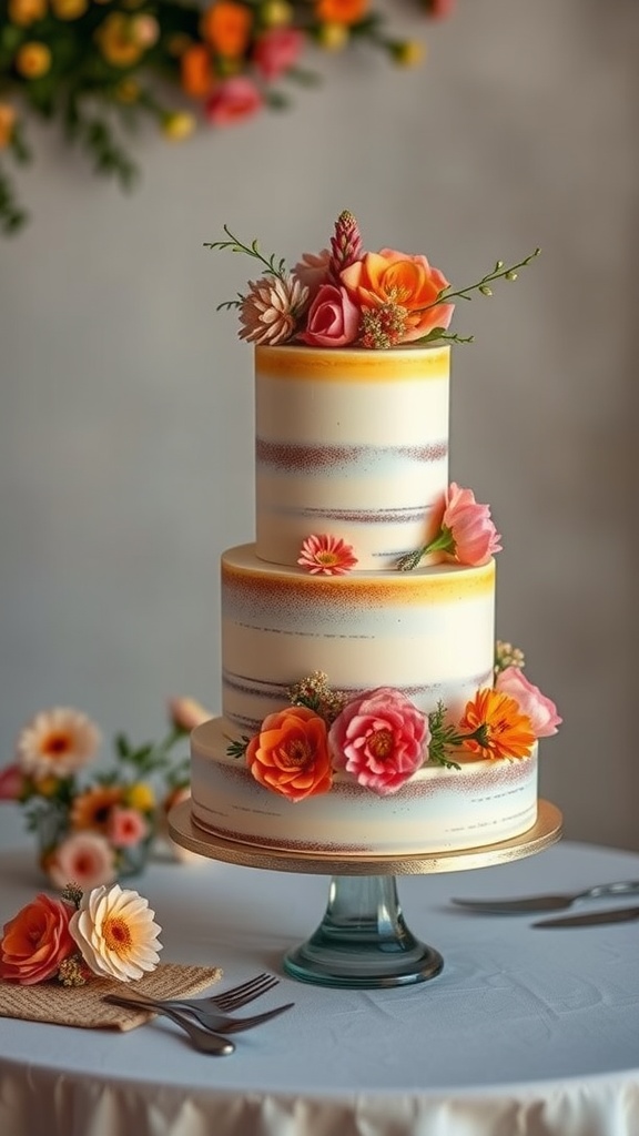 A beautiful three-tiered saffron infused wedding cake decorated with colorful flowers.