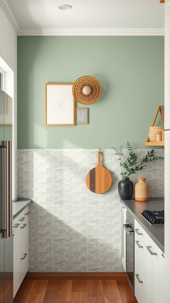 A kitchen featuring a sage green accent wall and textured tiles below, with wooden decor elements.