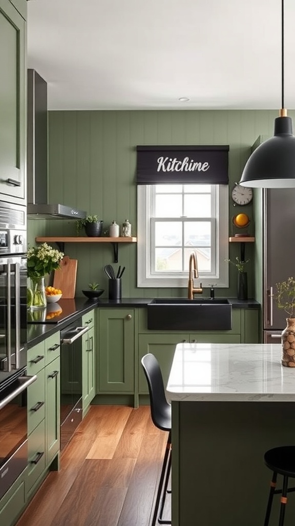 Modern kitchen with sage green cabinets, black accents, and warm wooden elements.