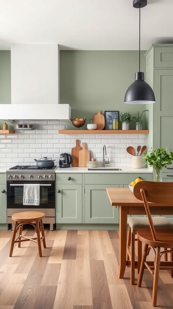 A modern kitchen featuring sage green walls, wooden shelves, and a cozy dining area.