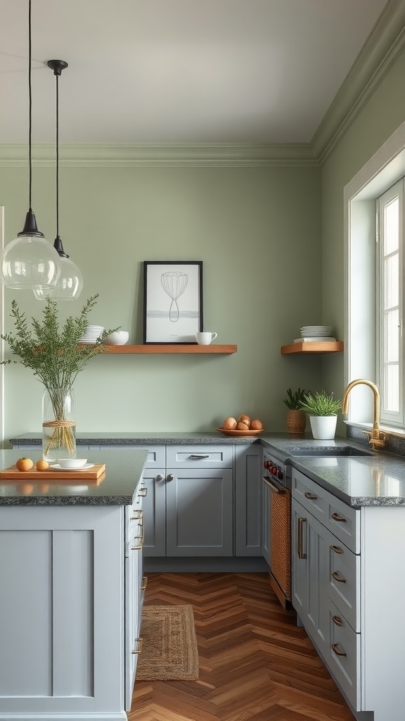 A modern kitchen featuring sage green walls and gray cabinets, with herringbone flooring and natural wood accents.