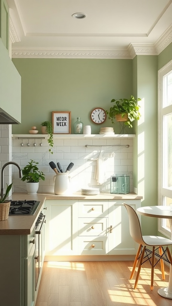 Cozy kitchen with sage green walls, natural light, and plants