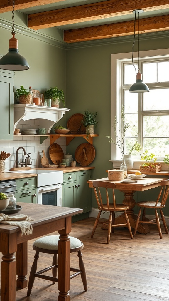 A cozy kitchen featuring sage green walls and rustic wooden accents, highlighted by plants and warm furniture.