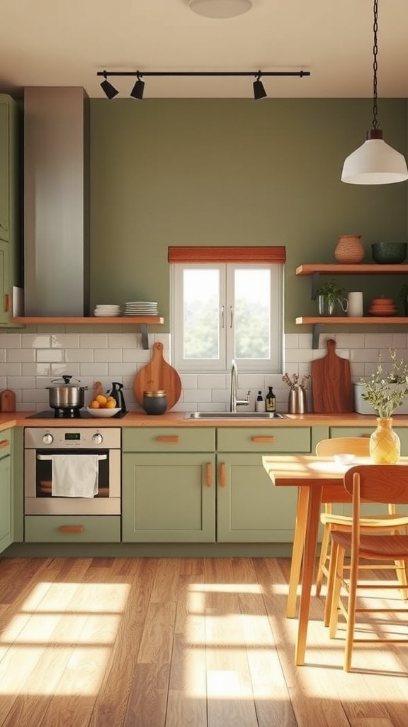 A cozy kitchen featuring sage green cabinets and warm wood accents, including shelves and flooring.