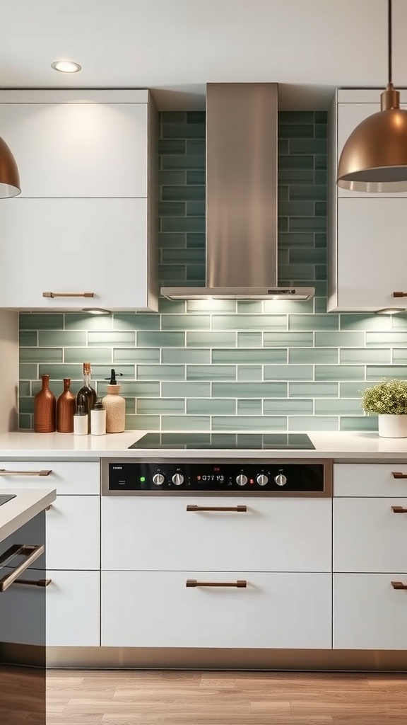 A modern kitchen featuring a sage green backsplash with metallic accents, white cabinetry, and warm lighting.