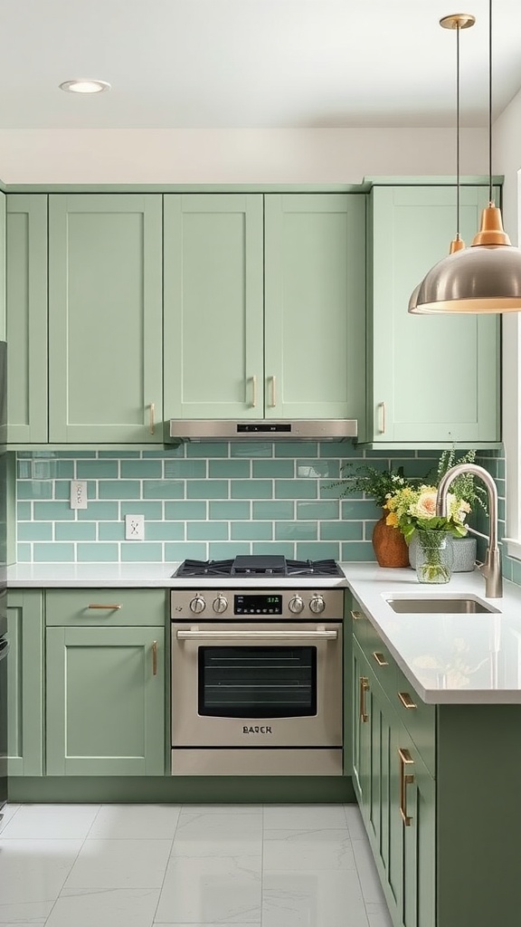 Modern kitchen with sage green cabinets, white countertops, and brass hardware.