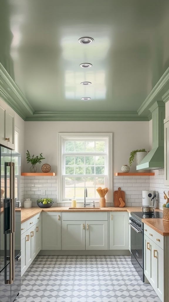 A kitchen with a sage green ceiling, light green cabinets, and modern recessed lighting.