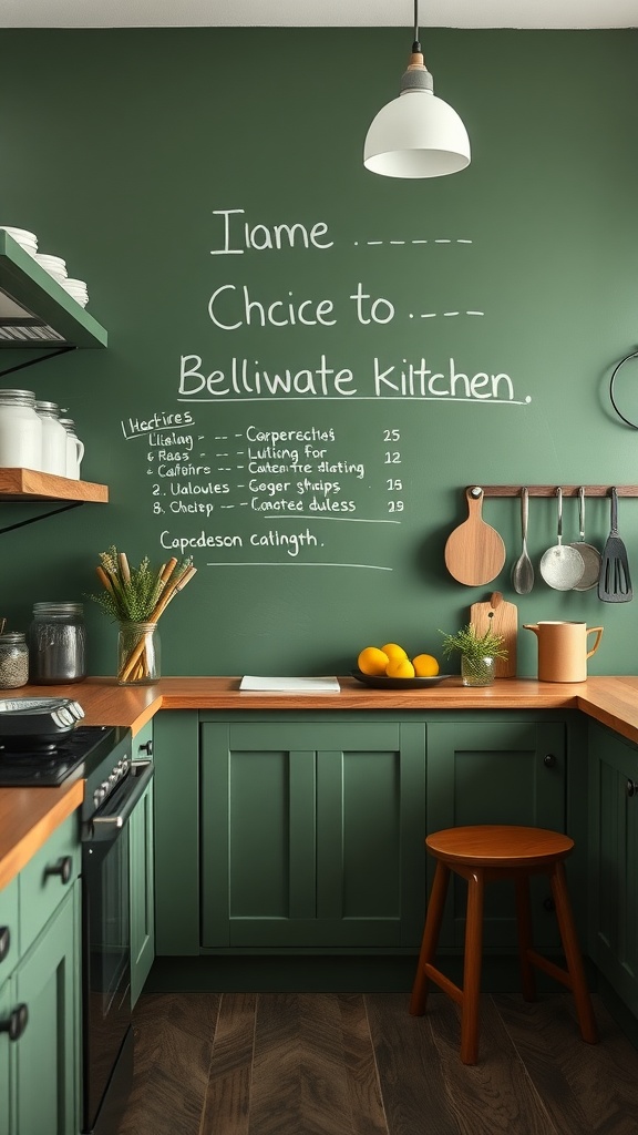 A kitchen featuring a sage green chalkboard wall, wooden countertops, and decorative items.