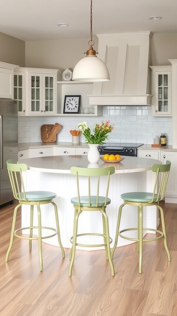 Sage green counter stools in a modern kitchen with a white island and wooden flooring.