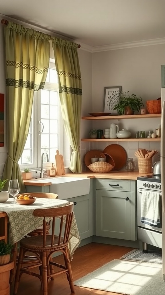 Cozy kitchen with sage green curtains and various wooden accents