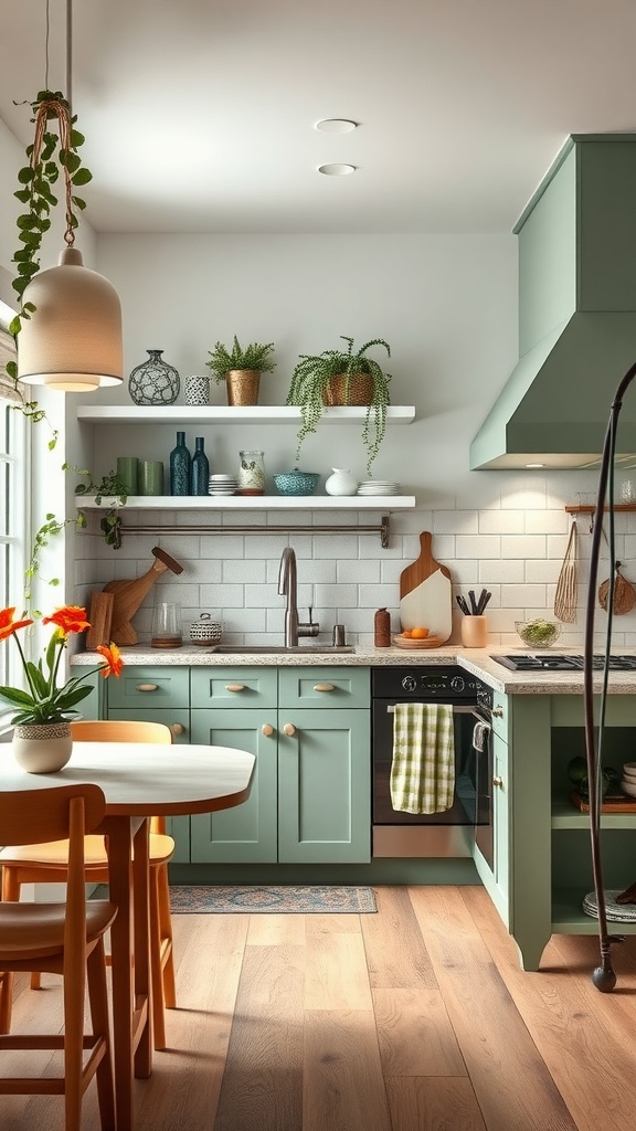 A cozy kitchen featuring sage green cabinets, wooden flooring, and decor accents.