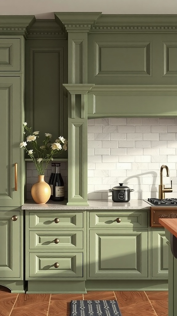 A kitchen featuring sage green decorative molding on cabinets, with a light countertop and dark hardware.