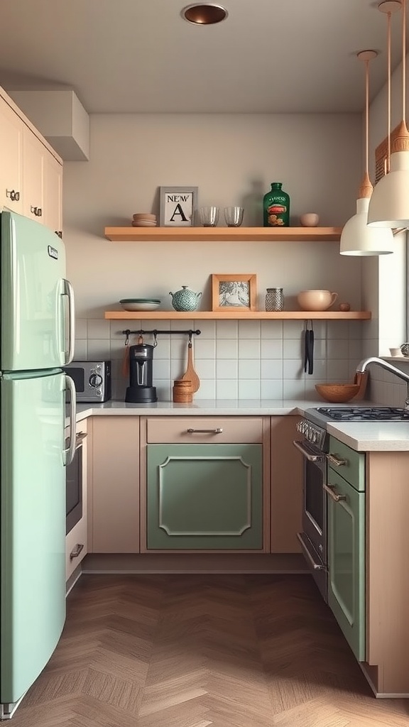 A cozy kitchen featuring a sage green fridge, matching cabinets, and modern appliances.