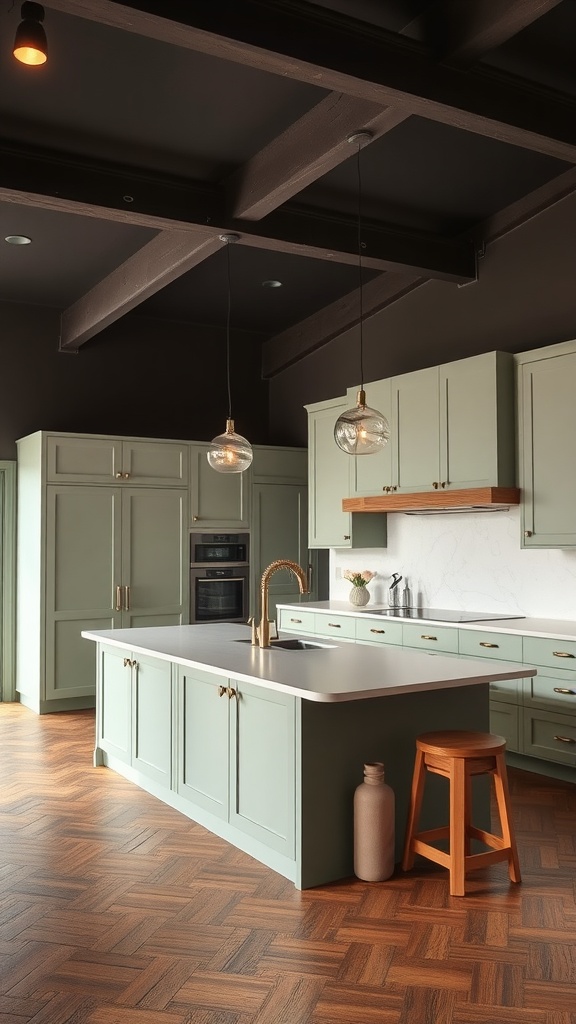 A cozy kitchen featuring a sage green island with pendant lights, wooden stool, and sleek countertop.