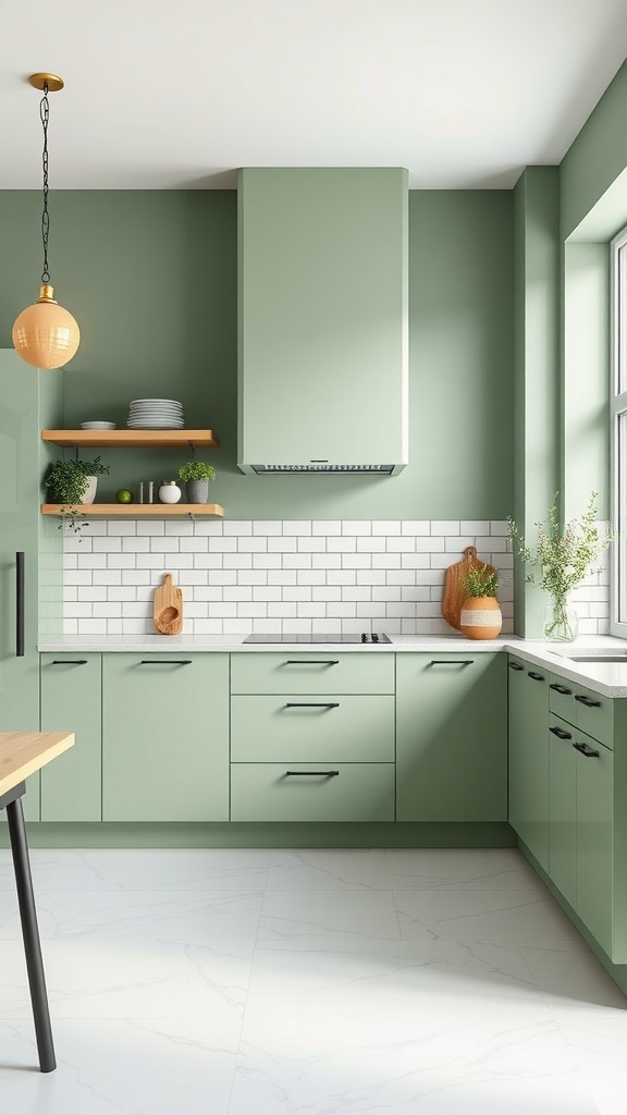 A minimalist kitchen featuring sage green cabinets, black handles, white subway tiles, and wooden shelves with plants.