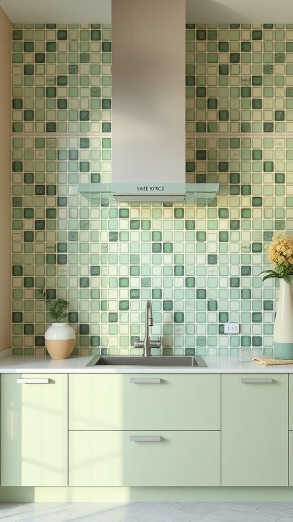 A kitchen featuring a sage green mosaic tile backsplash with a modern sink and countertop